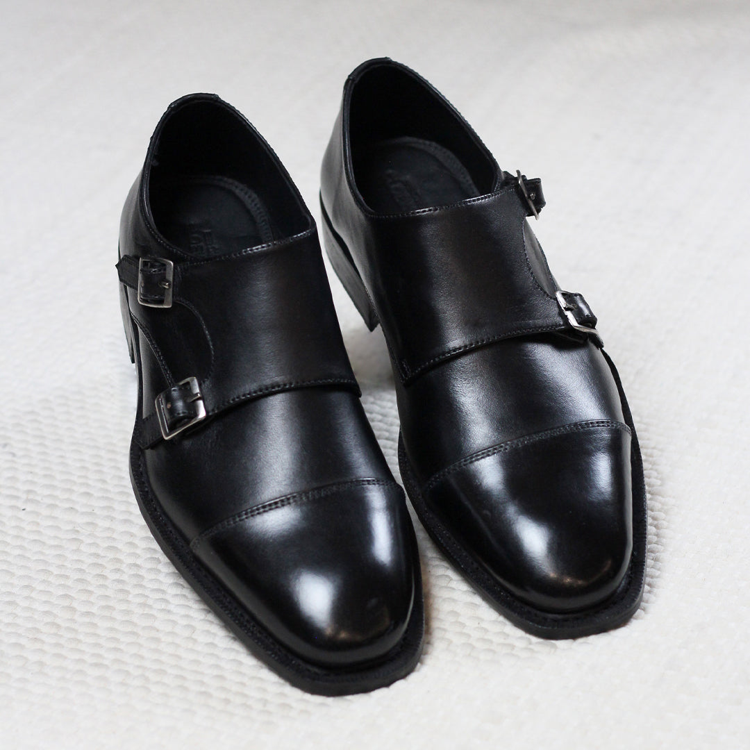 Goodyear welted black leather double monkstraps