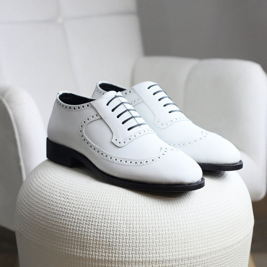 Goodyear welted white leather wingtip brogue Oxford shoes