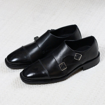 Goodyear welted black leather double monkstraps