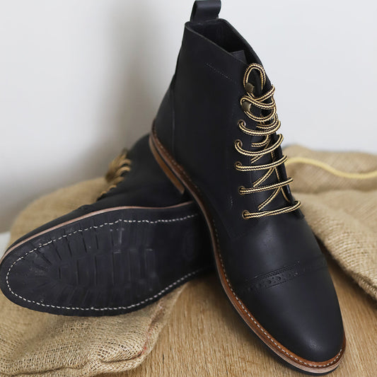 Goodyear Welted Black buffalo leather captoe boots