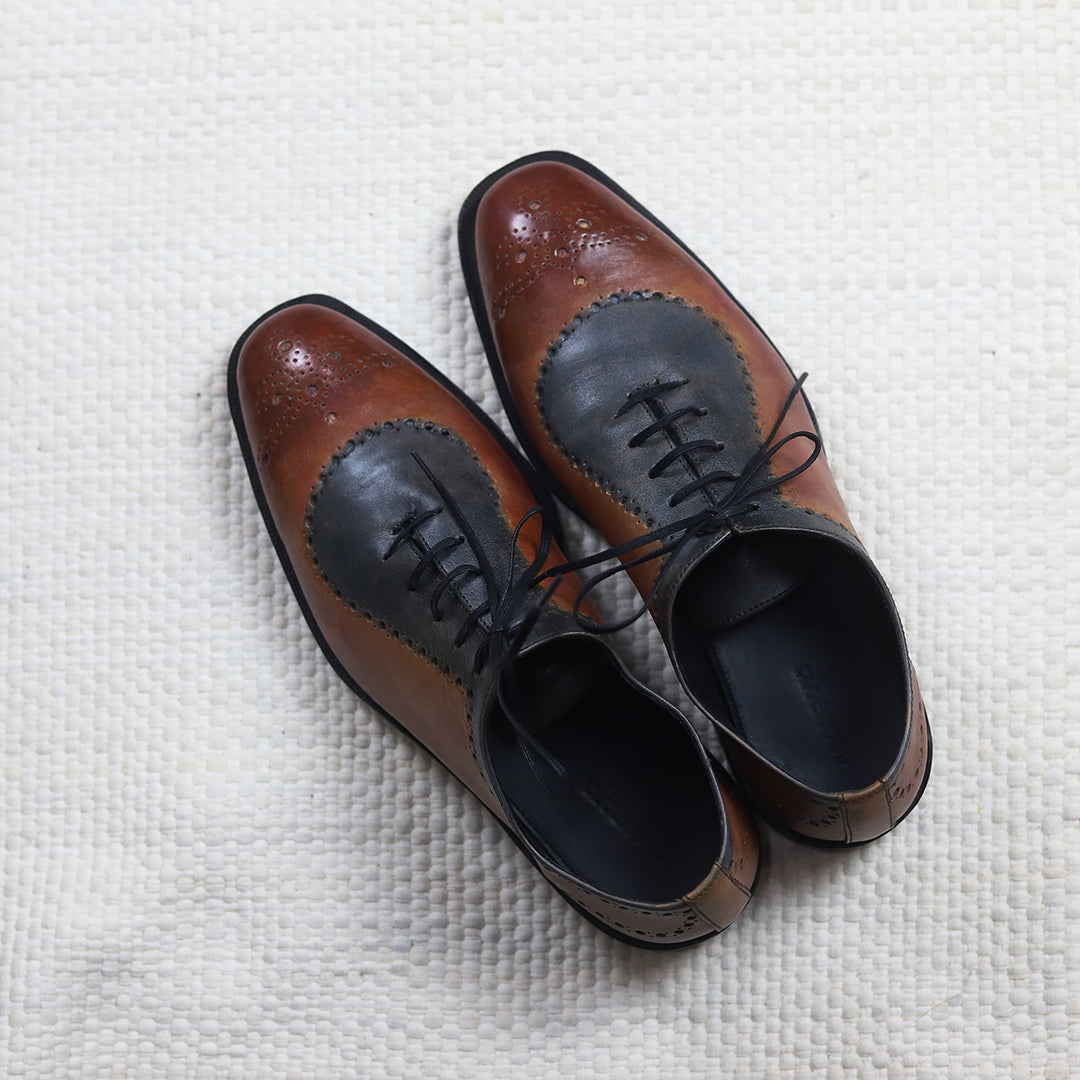 Goodyear welted chestnut and blue leather medallion whole-cut Oxford shoes