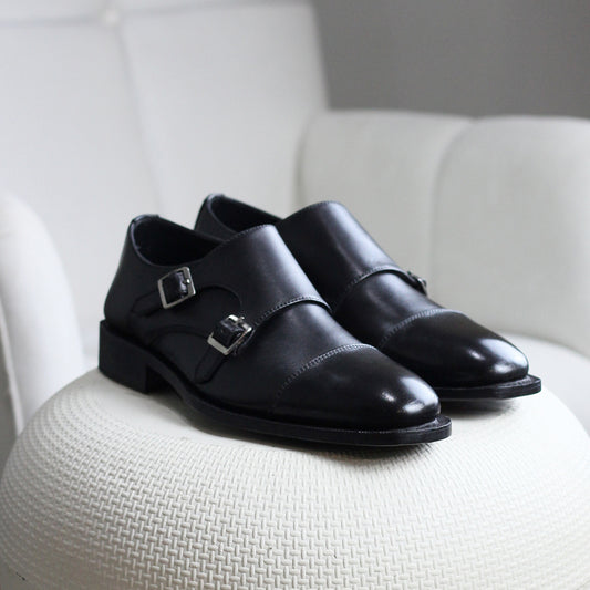 Goodyear welted black leather double monkstraps